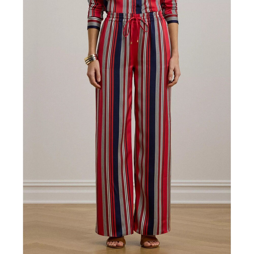 Lauren Ralph Lauren Women's Striped Satin Charmeuse Wide-Leg Pants Red Navy M - Picture 3 of 11